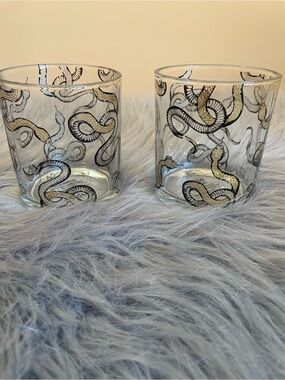 Set of 2 Clear Glass Tumblers with Gold & Black Snake Design